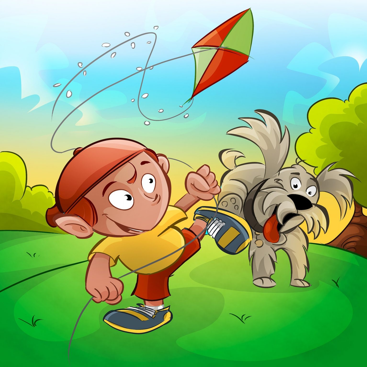 a boy and a dog playing with kite